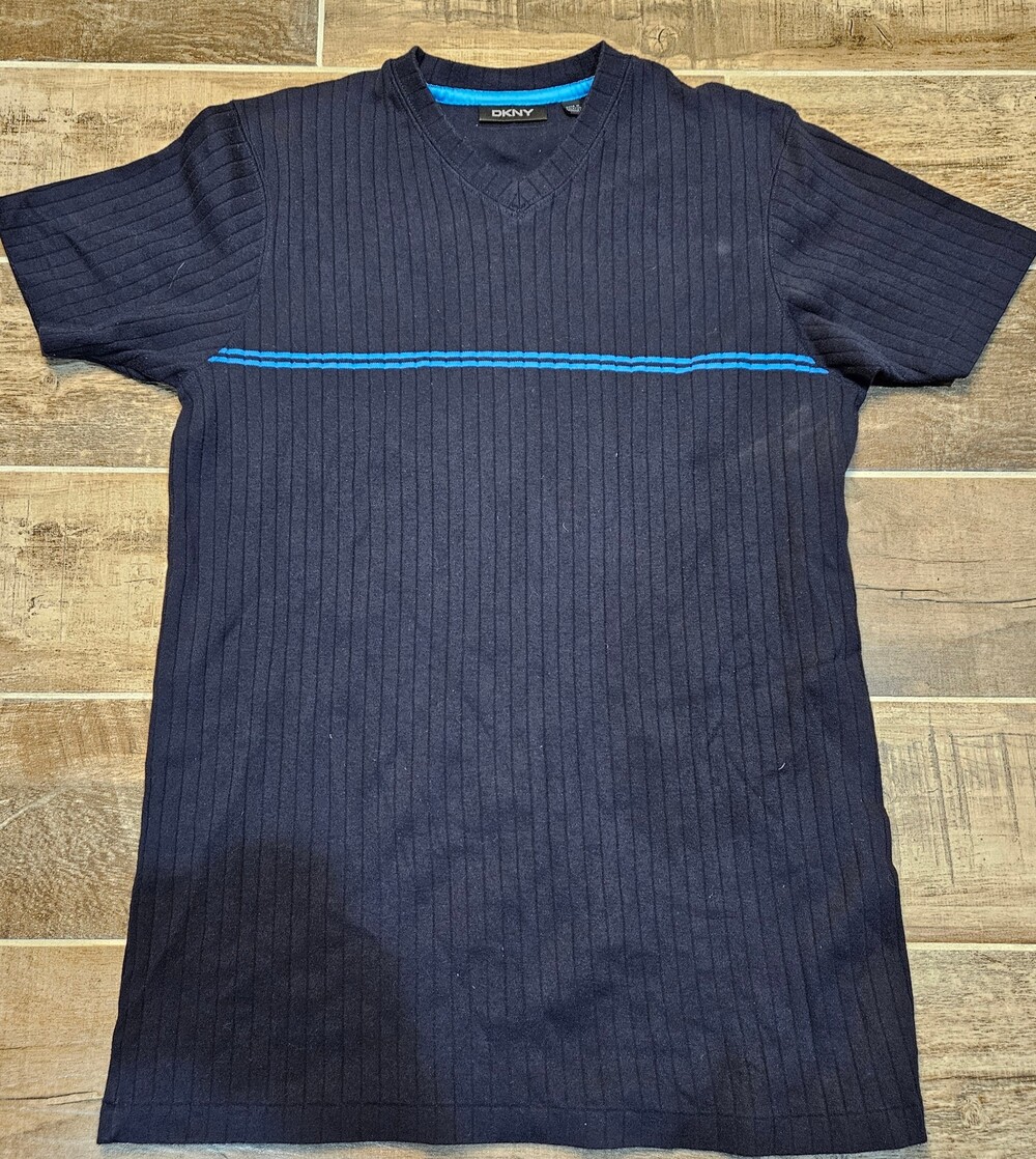 Vintage 90s DKNY Ribbed Knit Shirt Mens S Navy Blue Chest Stripe Short Sleeve